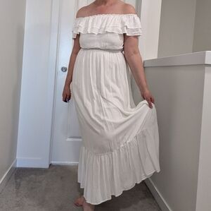 White Off-Shoulder Ruffle Maxi Dress | Elastic Waist & Tiered Hem